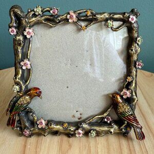 Vintage Bird-Themed Enamel & Jeweled Picture Frame With Floral Design